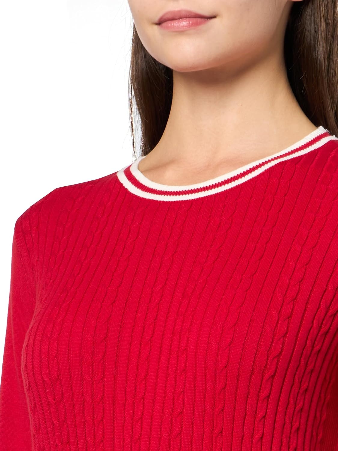 image:imageNautica Womens Solid Cable Long Sleeve Tipped SweaterScarletIvory