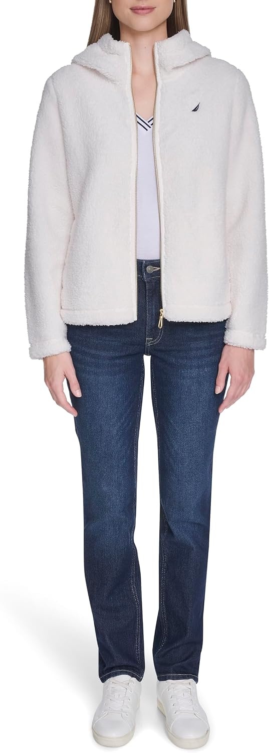 image:imageNautica Womens Solid Sherpa Zipup Hoodie JacketSoft Ivory