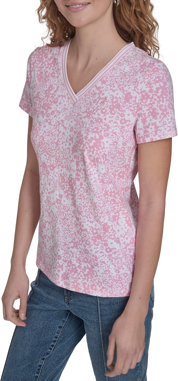 image:imageNautica Womens Solid VNeck Short Sleeve TShirtEnglish Rose Multi
