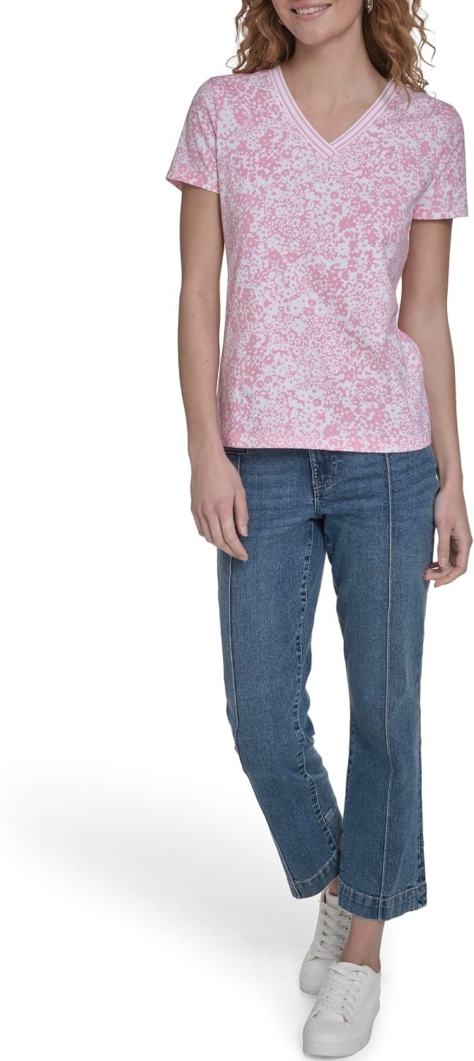 image:imageNautica Womens Solid VNeck Short Sleeve TShirtEnglish Rose Multi