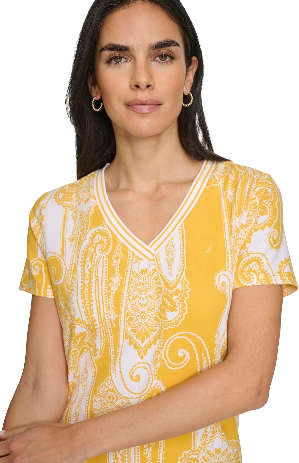 image:imageNautica Womens Stripe VNeck Short Sleeve TShirtGoldenrodWhite