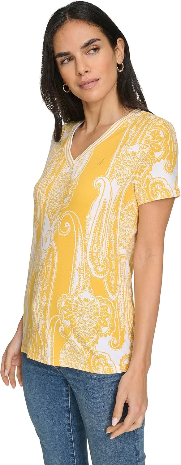 image:imageNautica Womens Stripe VNeck Short Sleeve TShirtGoldenrodWhite