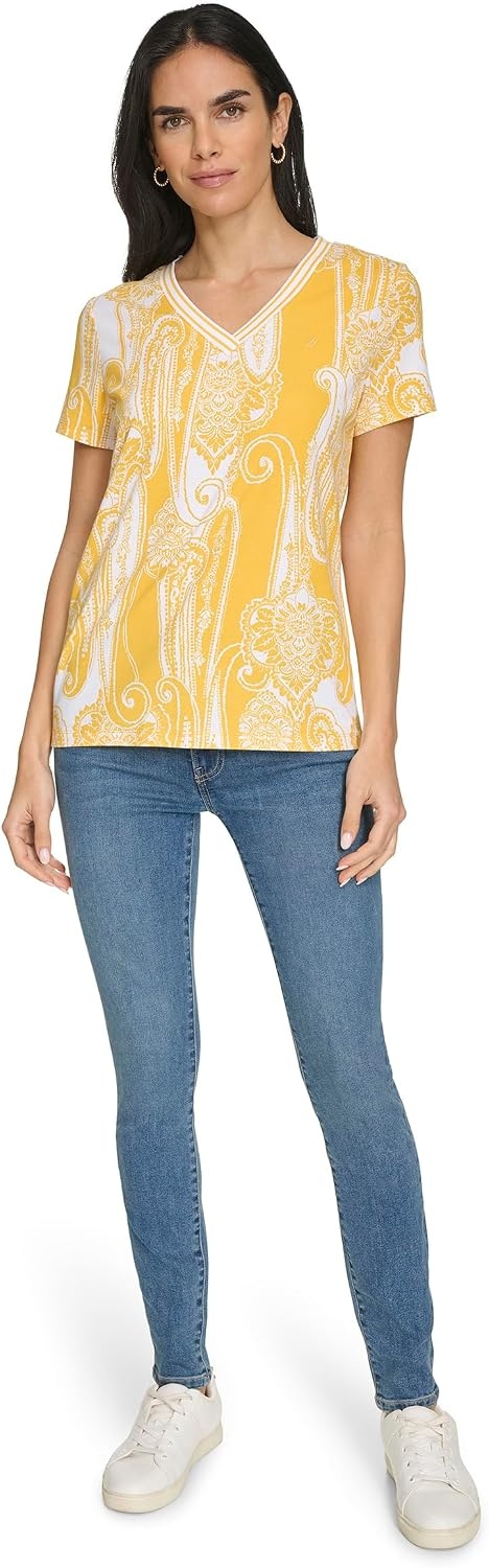 image:imageNautica Womens Stripe VNeck Short Sleeve TShirtGoldenrodWhite