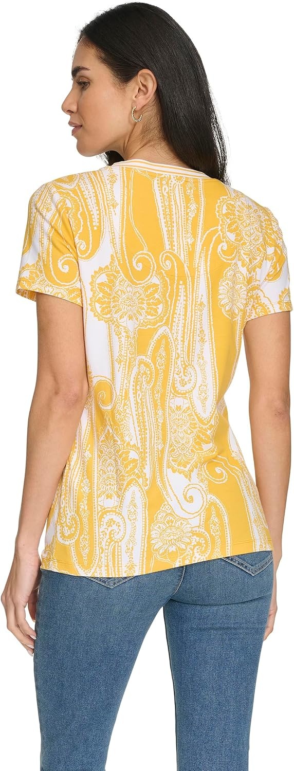 image:imageNautica Womens Stripe VNeck Short Sleeve TShirtGoldenrodWhite
