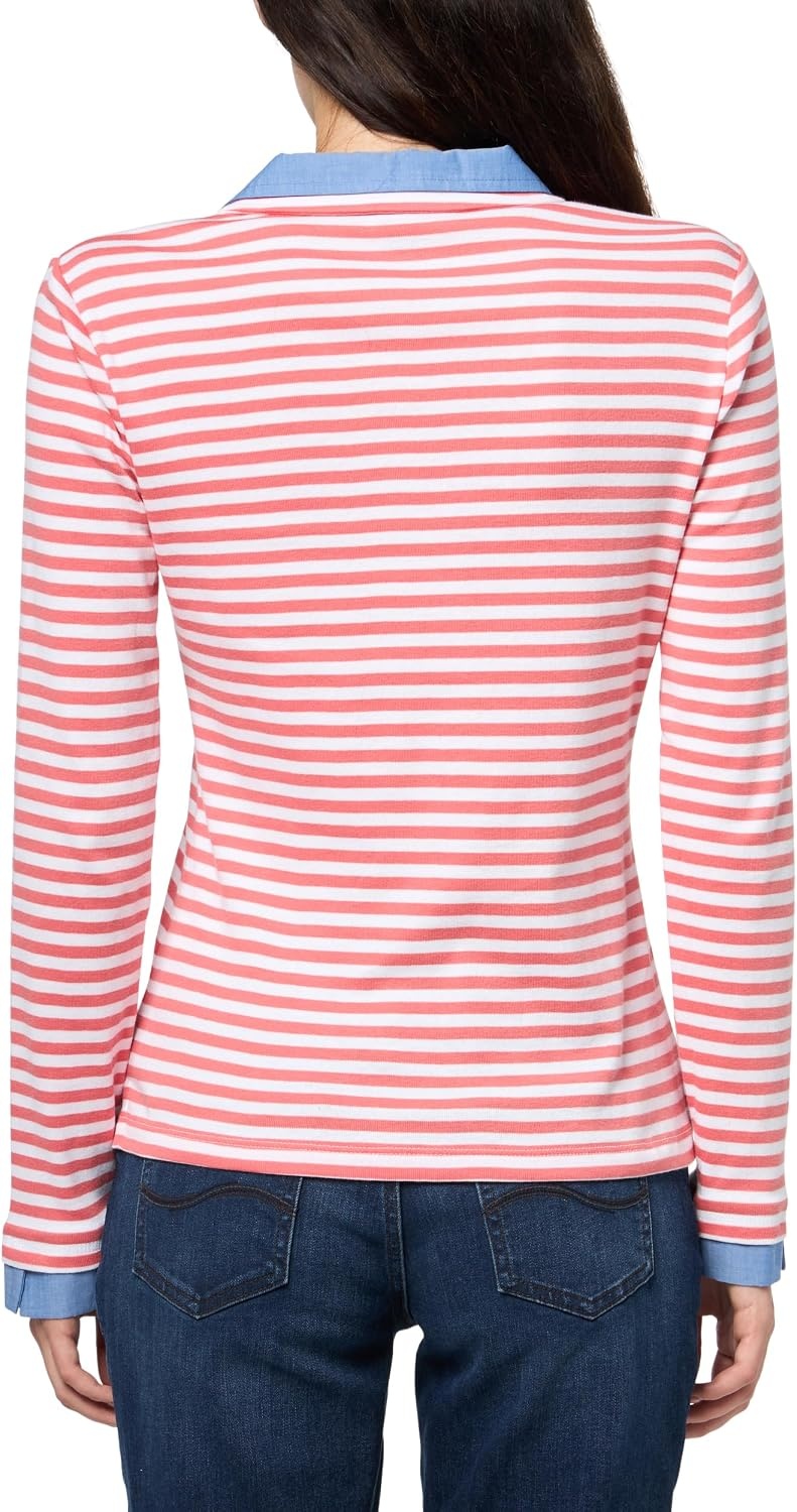 image:imageNautica Womens Striped Long Sleeve Knit Double Collar ShirtCoralieBright White