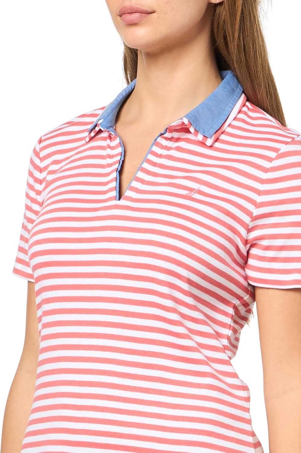image:imageNautica Womens Stripped Collard Short Sleeve VNeck Johnny Collar Polo Knit DressCoralieBright White