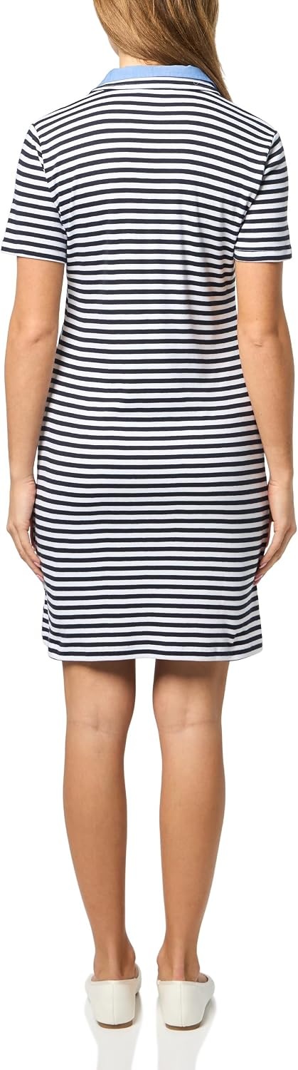 image:imageNautica Womens Stripped Collard Short Sleeve VNeck Johnny Collar Polo Knit DressNight SkyBright White