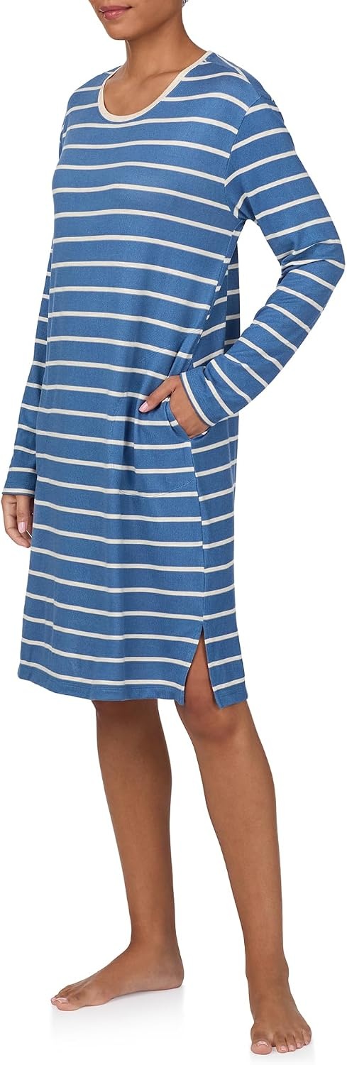 image:imageNautica Womens UltaSoft Sleepwear amp Loungewear Long Sleeve Sweater Knit Lightweight amp Cozy Nightgown Lounge DressBlue Stripe