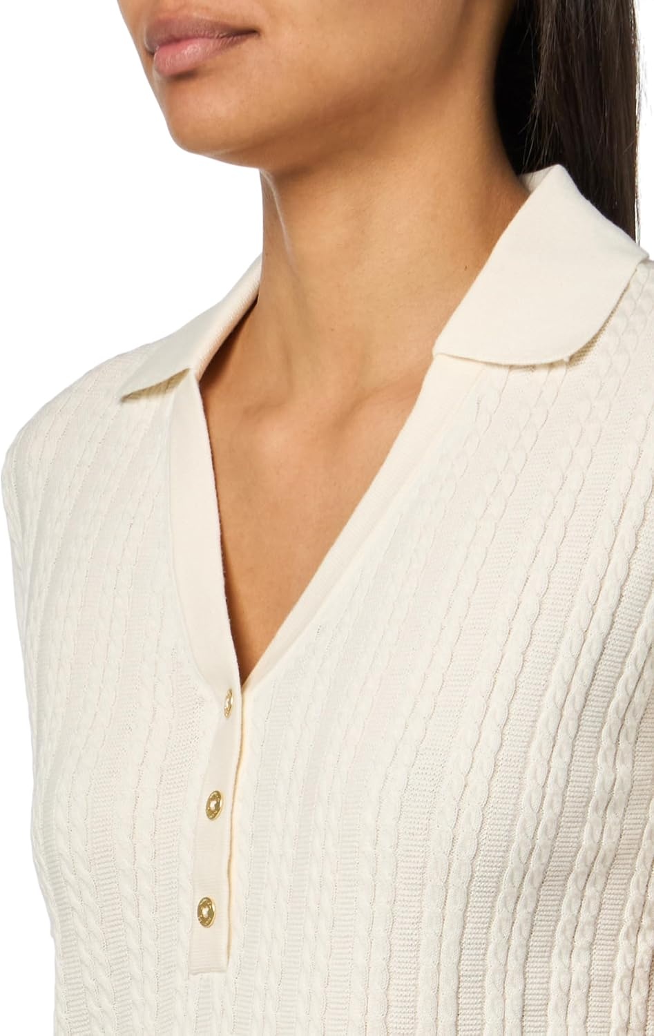 image:imageNautica Womens VNeck Cable Polo Long SleeveIvory