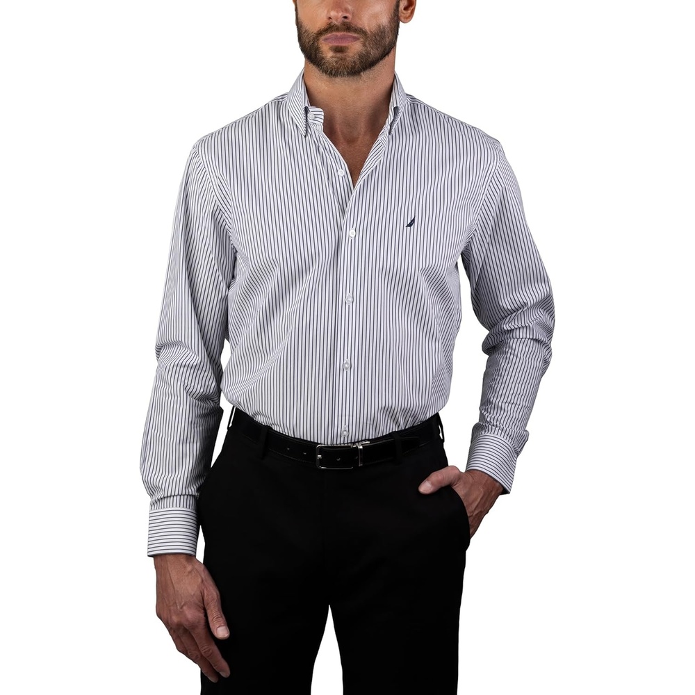 image:imageNAUTICA Slim Fit 100 Cotton Mens Dress Shirts Long Sleeve Wrinkle Resistant FormalBlue Mini Stripes