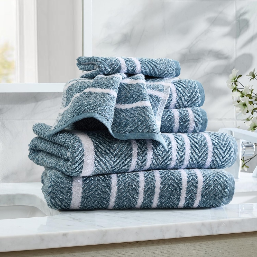 image:imageNautica Bath Towel Set Cotton Bath Hand amp Washcloths Plush Absorbent amp QuickDry Chevron Print Americana Decor Set of 6 Zane BlueCruise Along Blue