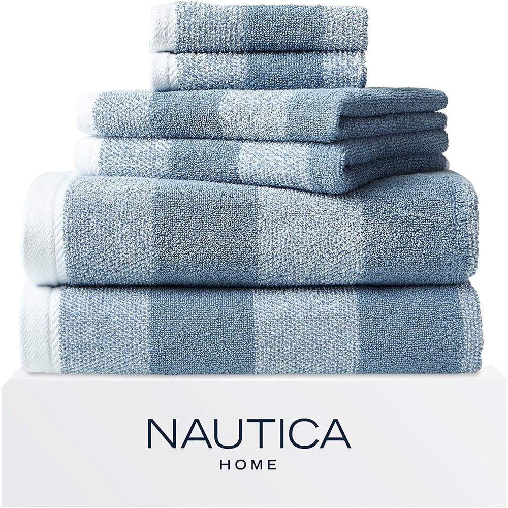 image:imageNautica Bath Towel Set Cotton Bath Hand amp Washcloths Plush Absorbent amp QuickDry Chevron Print Americana Decor Set of 6 Zane BlueOak Lake Blue