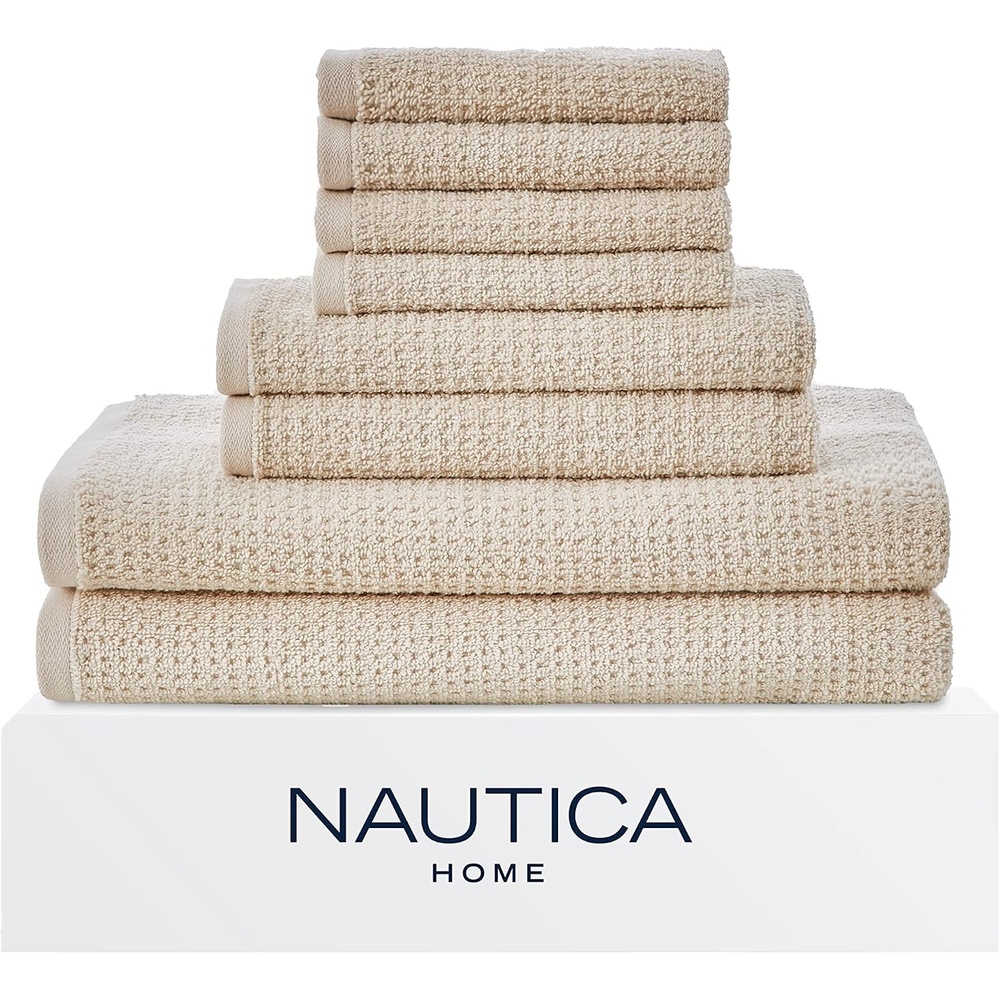 image:imageNautica Bath Towel Set Cotton Bath Hand amp Washcloths Plush Absorbent amp QuickDry Chevron Print Americana Decor Set of 6 Zane BlueOasis Beige