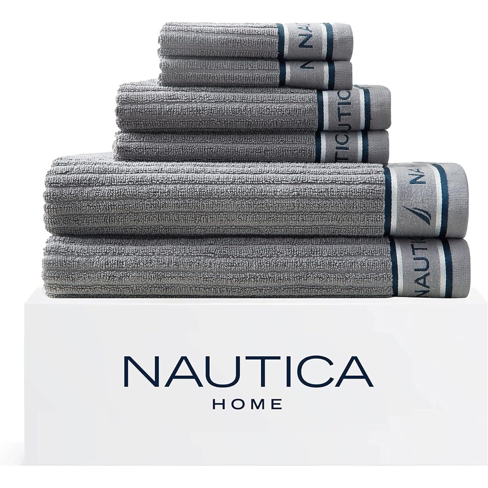 image:imageNautica Bath Towel Set Cotton Bath Hand amp Washcloths Plush Absorbent amp QuickDry Chevron Print Americana Decor Set of 6 Zane BlueSignature Grey
