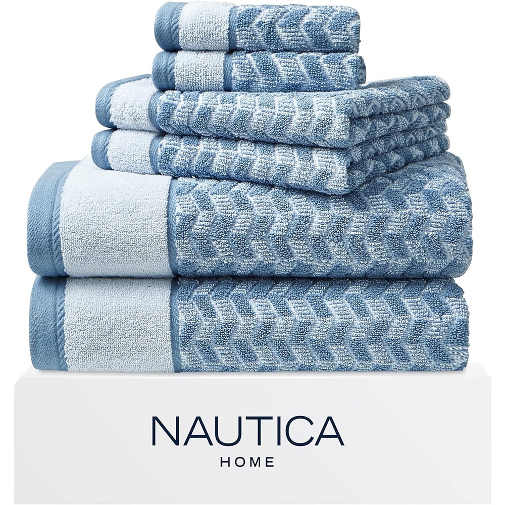image:imageNautica Bath Towel Set Cotton Bath Hand amp Washcloths Plush Absorbent amp QuickDry Chevron Print Americana Decor Set of 6 Zane BlueZane Chevron