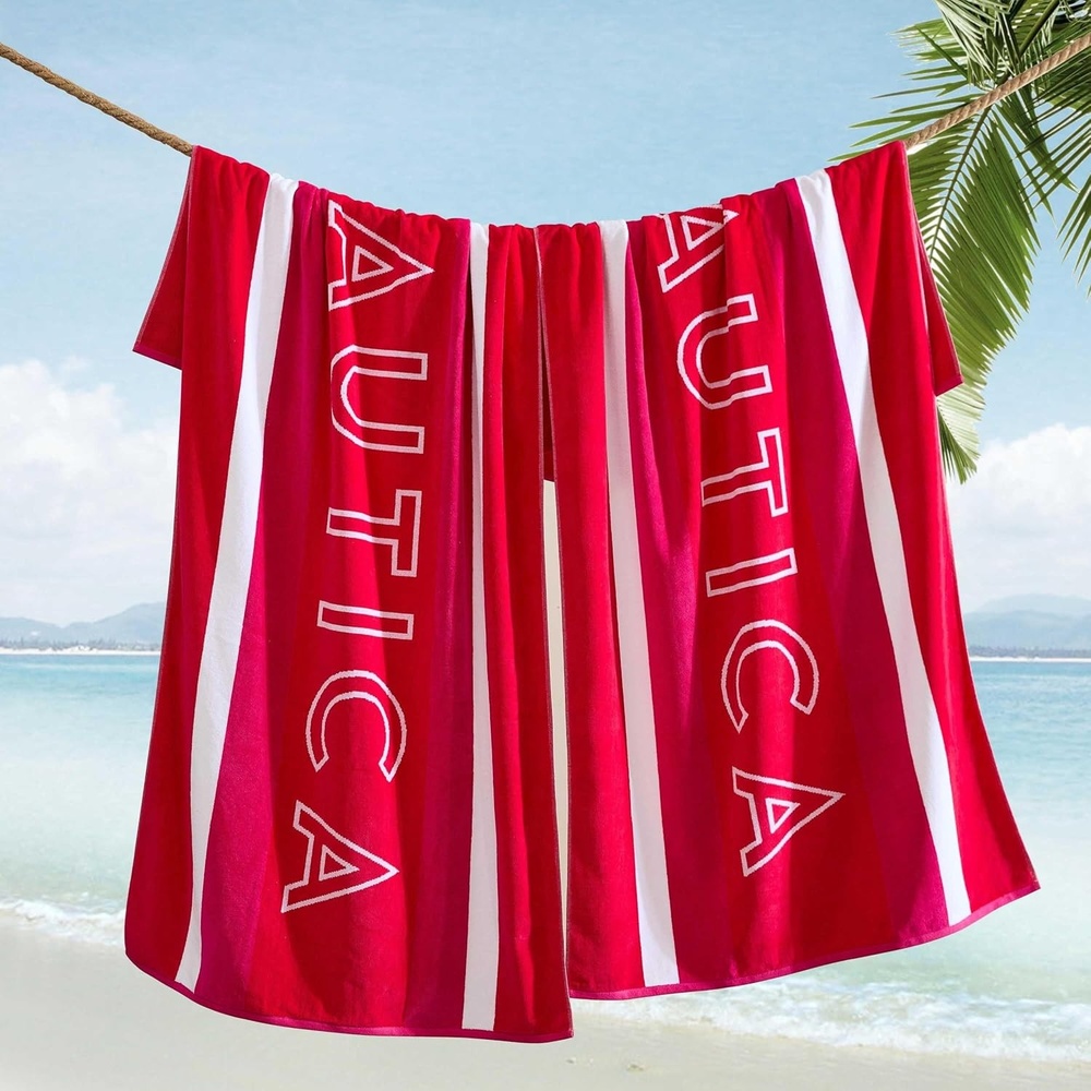 image:imageNautica Beach Towels Oversized 2 Pack Cotton Velour Towel Set 36x68 Plush Absorbent amp QuickDry Beach Essentials Striped Americana Decor Berry PinkLogo Stripe Pink