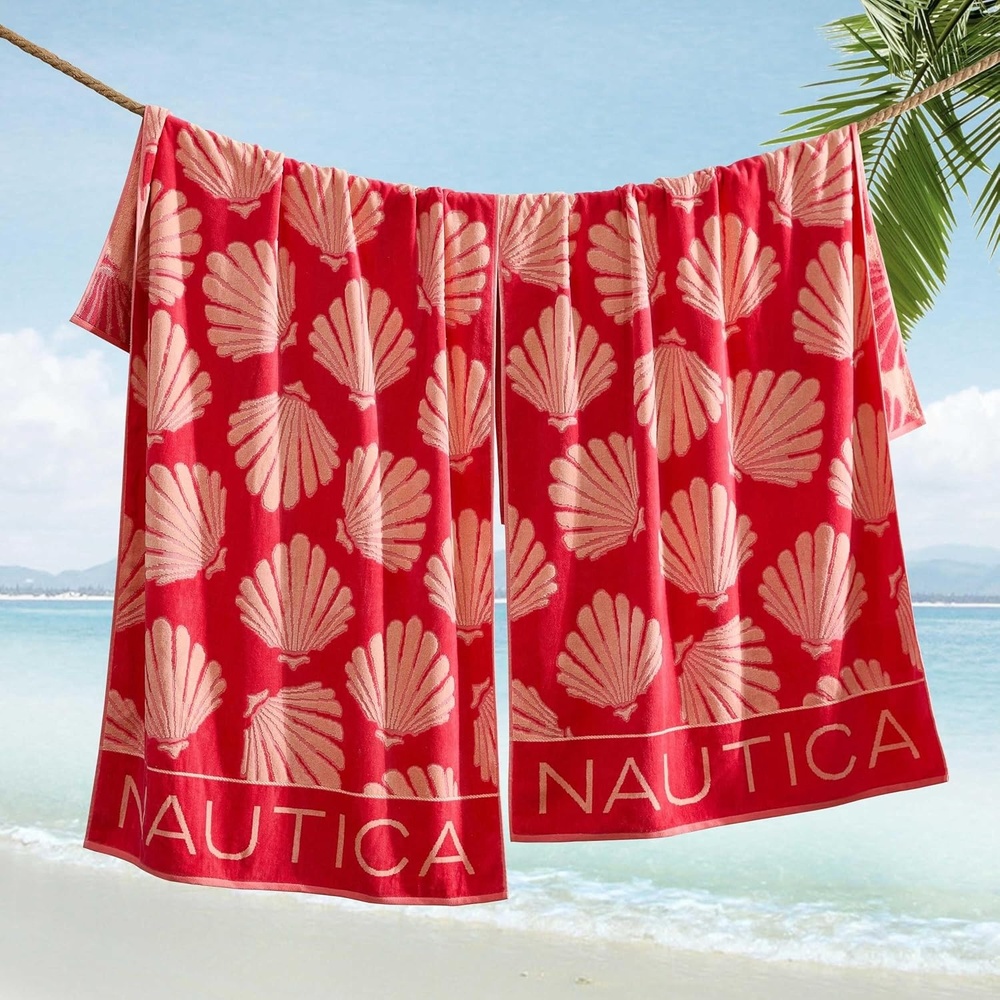 image:imageNautica  Beach Towels Oversized 2 Pack Cotton Velour Towel Set 36x68 Plush Absorbent amp QuickDry Beach Essentials Striped Americana Decor Berry PinkSeashell Seashore Pink
