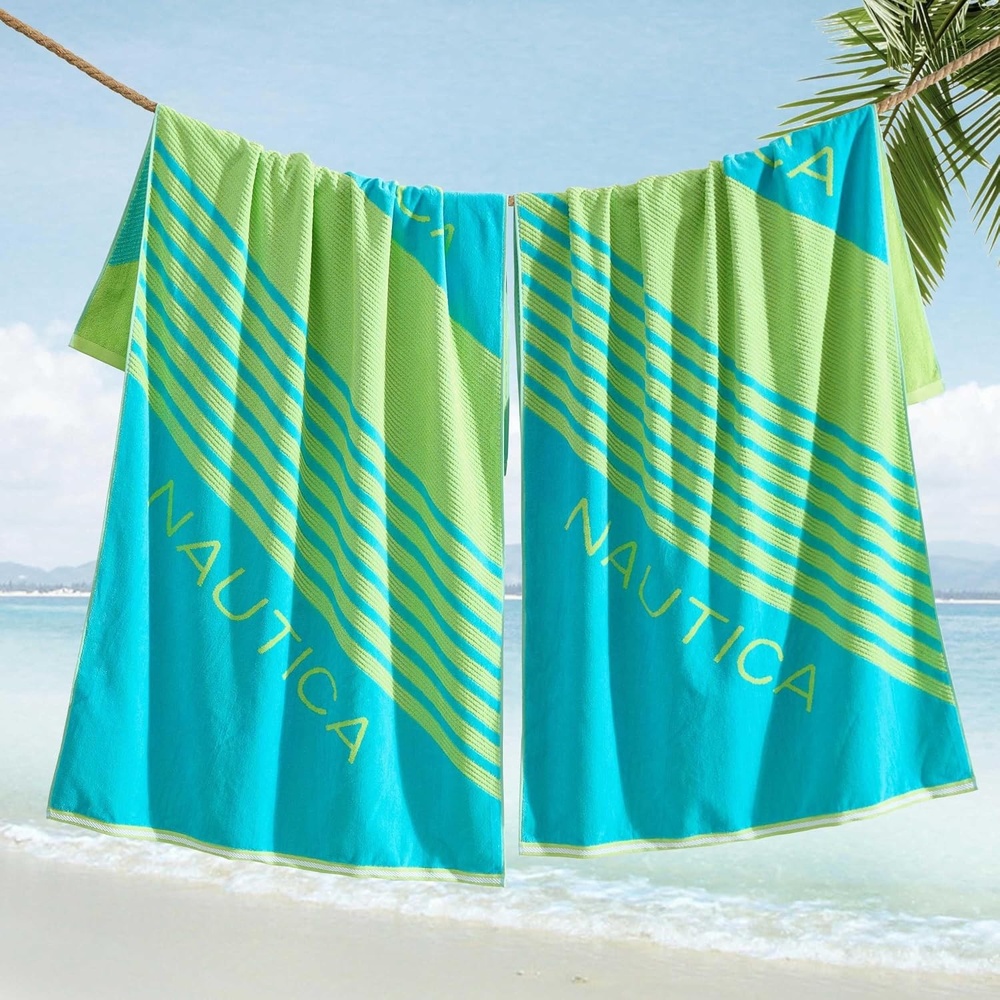 image:imageNautica  Beach Towels Oversized 2 Pack Cotton Velour Towel Set 36x68 Plush Absorbent amp QuickDry Beach Essentials Striped Americana Decor Berry PinkTilted Logo Blue