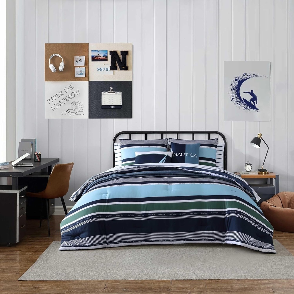 image:imageNautica Full Size Bed in a Bag Reversible Comforter Set with Fitted Sheet Pillowcases Shams amp Laundry Bag 7Piece College Dorm Room Essentials Captains BlueGreenElliot Blue