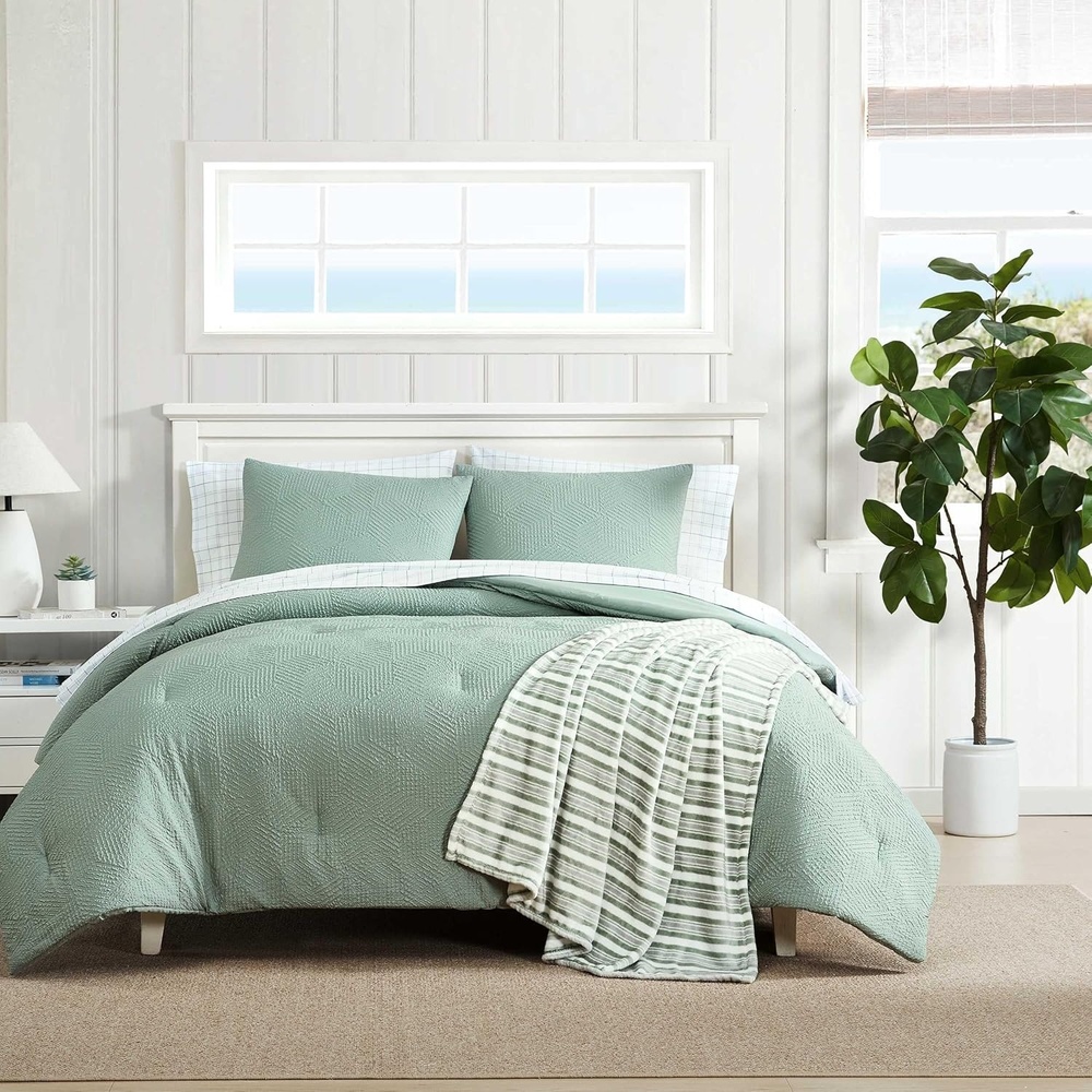 image:imageNautica  King Comforter Set Soft amp Reversible Bedding with an Embossed Texture 8Piece Bonus Bed Set with Matching Bed Sheets Shams Pillowcases amp Plush Throw Broken Lines GreenBroken Lines Green
