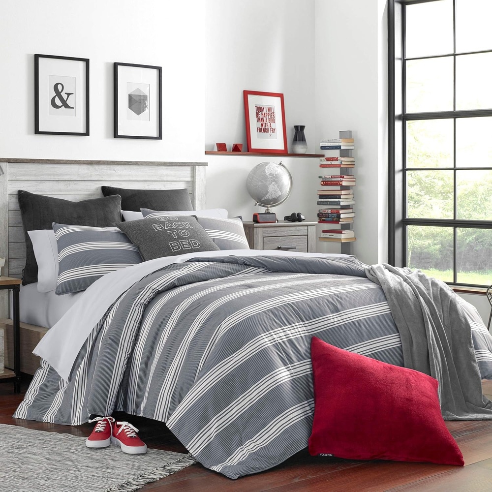 image:imageNautica Queen Comforter Set Reversible Bedding with Matching Shams Stripe Room Decor Bed Set College Dorm Room Essentials Craver CharcoalCraver Grey