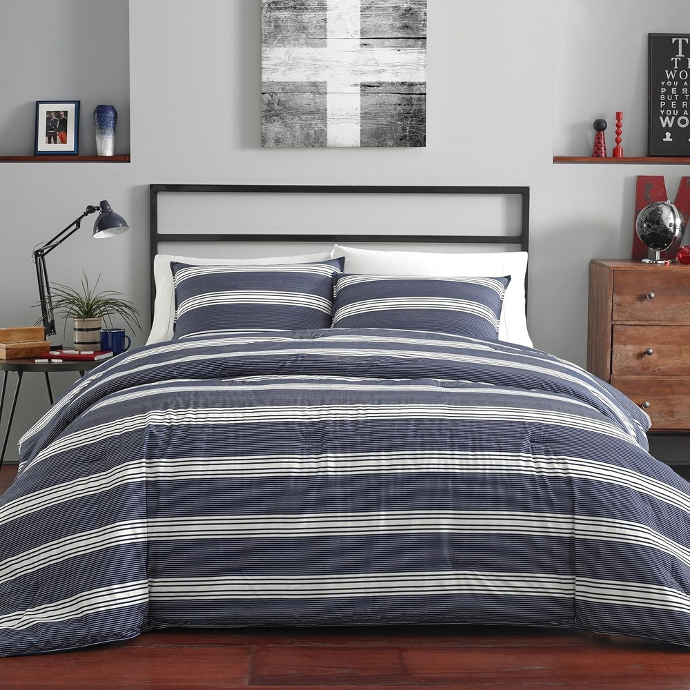 image:imageNautica  Queen Comforter Set Reversible Bedding with Matching Shams Stripe Room Decor Bed Set College Dorm Room Essentials Craver CharcoalCraver Navy