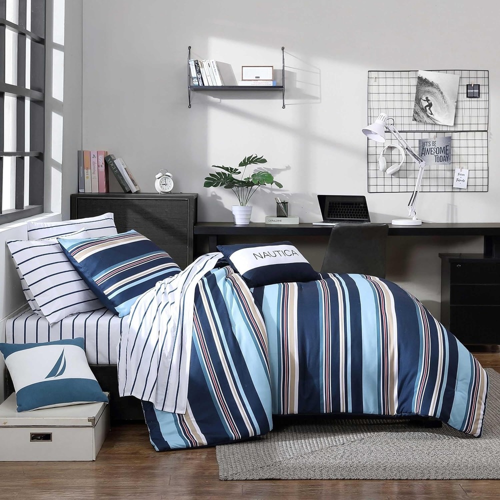 image:imageNautica Queen Comforter Set Reversible Bedding with Matching Shams Stripe Room Decor College Dorm Room Essentials Bay Shore NavyColton Blue