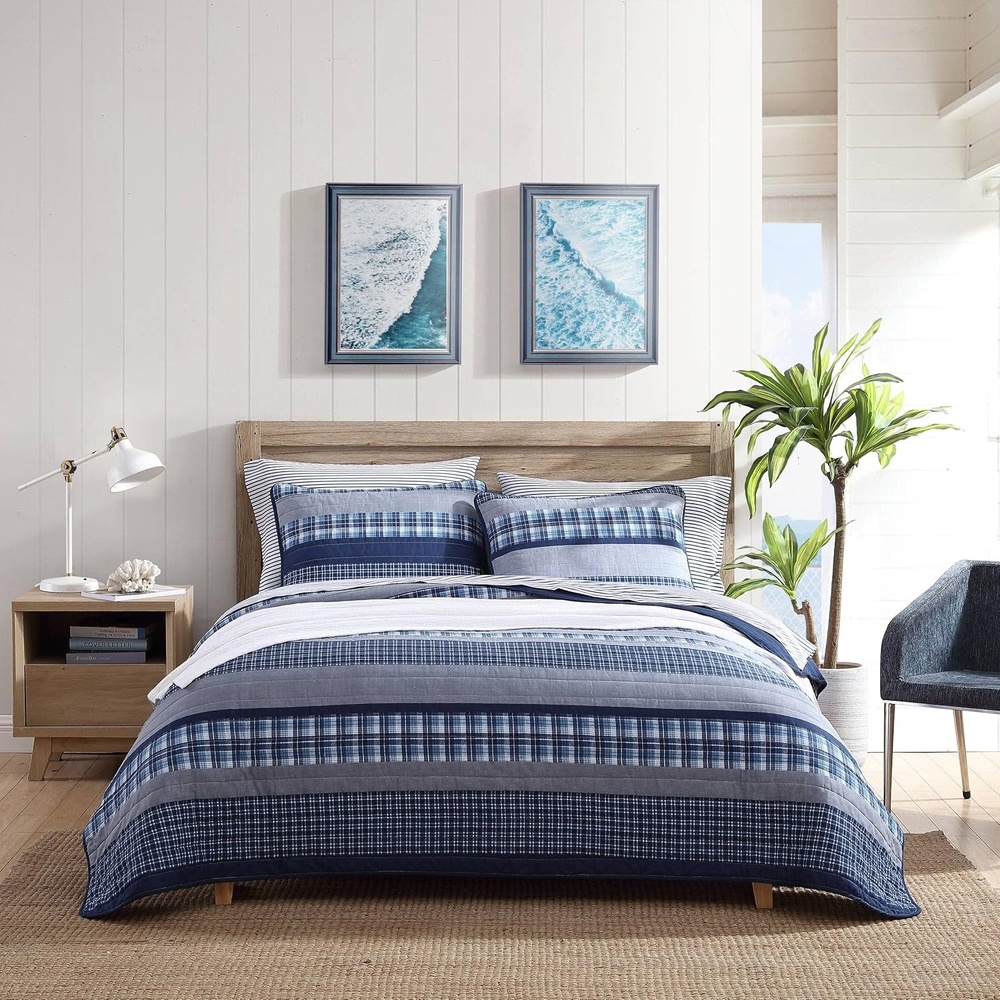 image:imageNautica  Queen Quilt Set Reversible Bedding with Matching Shams Plaid and Stripe Room Decor Lightweight Bed Set College Dorm Room Essentials Addison Blue