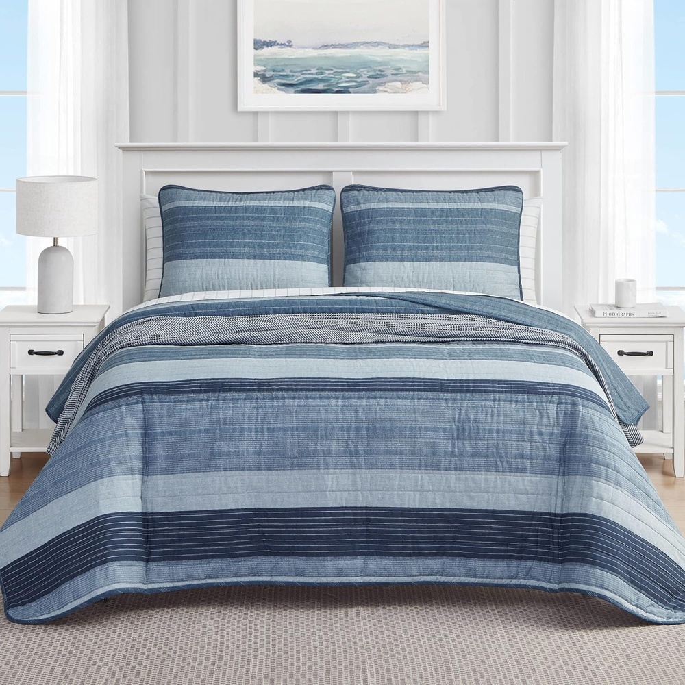 image:imageNautica Queen Quilt Set Reversible Bedding with Matching Shams Stripe Room Decor Lightweight Bed Set College Dorm Room Essentials Ridgeport BeigeRidgeport Medium Blue