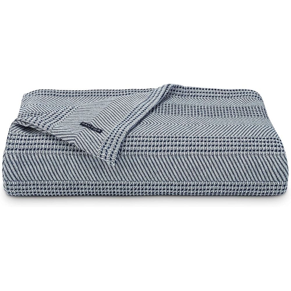 image:imageNautica  Queen Size Blanket Yarn Dyed Cotton Bedding with Chevron Stripe Design Soft Blanket for Bed or Couch College Dorm Room Essentials Chevron NavyNavy