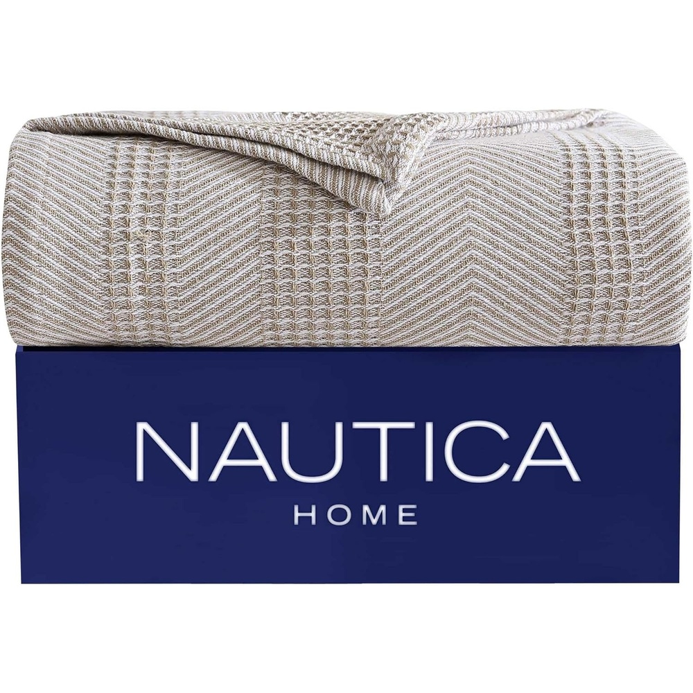 image:imageNautica Queen Size Blanket Yarn Dyed Cotton Bedding with Chevron Stripe Design Soft Blanket for Bed or Couch College Dorm Room Essentials Chevron NavyChevron Light Brown