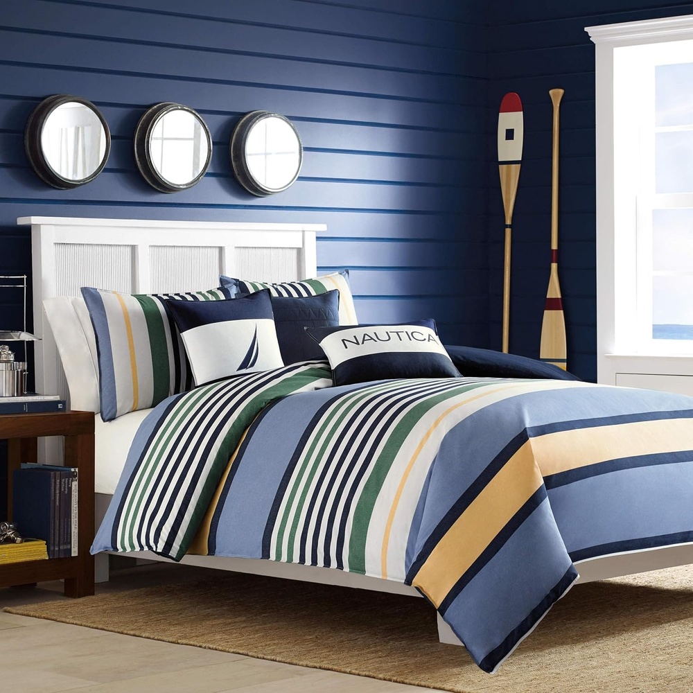 image:imageNautica  Twin Comforter Set Reversible Bedding with Matching Sham Stripe Room Decor College Dorm Room Essentials Dover BlueTwin