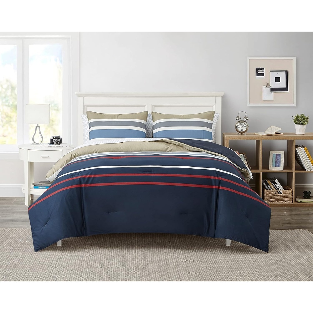 image:imageNautica Twin Comforter Set Reversible Cotton Bedding with Matching Sham Medium Weight for Year Round Use OekoTex Certified Dorm Essentials Bradford NavyKhakiQueen