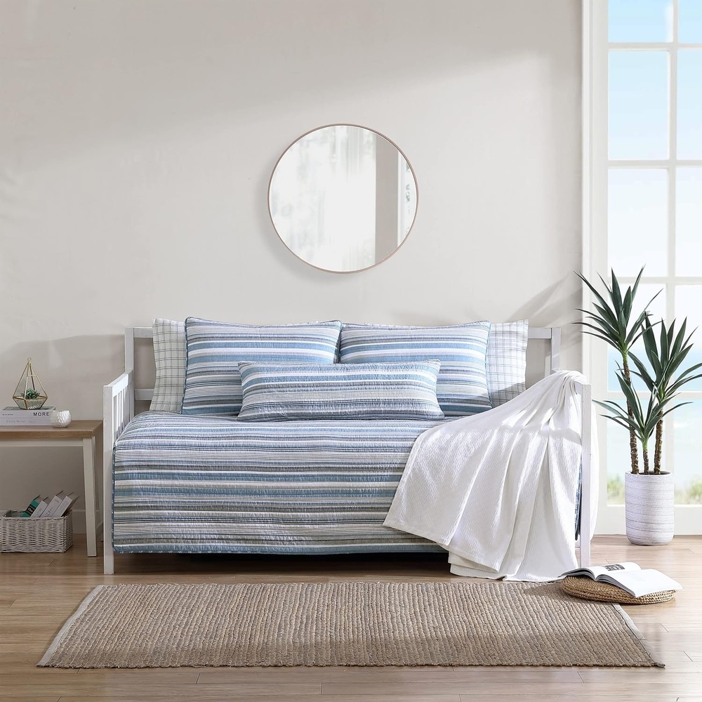 image:imageNautica  Twin Quilt Set 100 Cotton Bedding with Matching Sham Reversible Stripe and Anchor Design Lightweight for YearRound Layering Jettison BlueDaybed