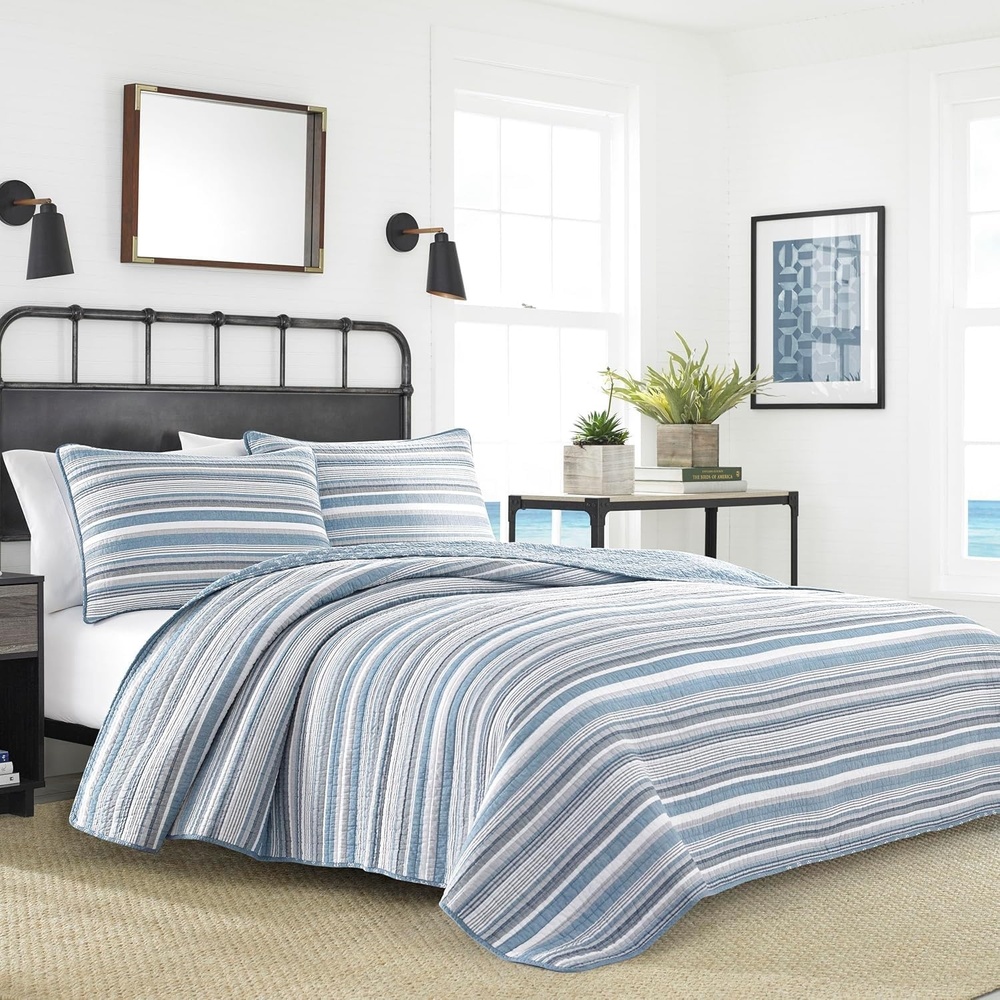 image:imageNautica Twin Quilt Set 100 Cotton Bedding with Matching Sham Reversible Stripe and Anchor Design Lightweight for YearRound Layering Jettison BlueFullQueen