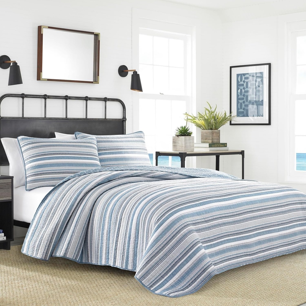 image:imageNautica Twin Quilt Set 100 Cotton Bedding with Matching Sham Reversible Stripe and Anchor Design Lightweight for YearRound Layering Jettison BlueKing