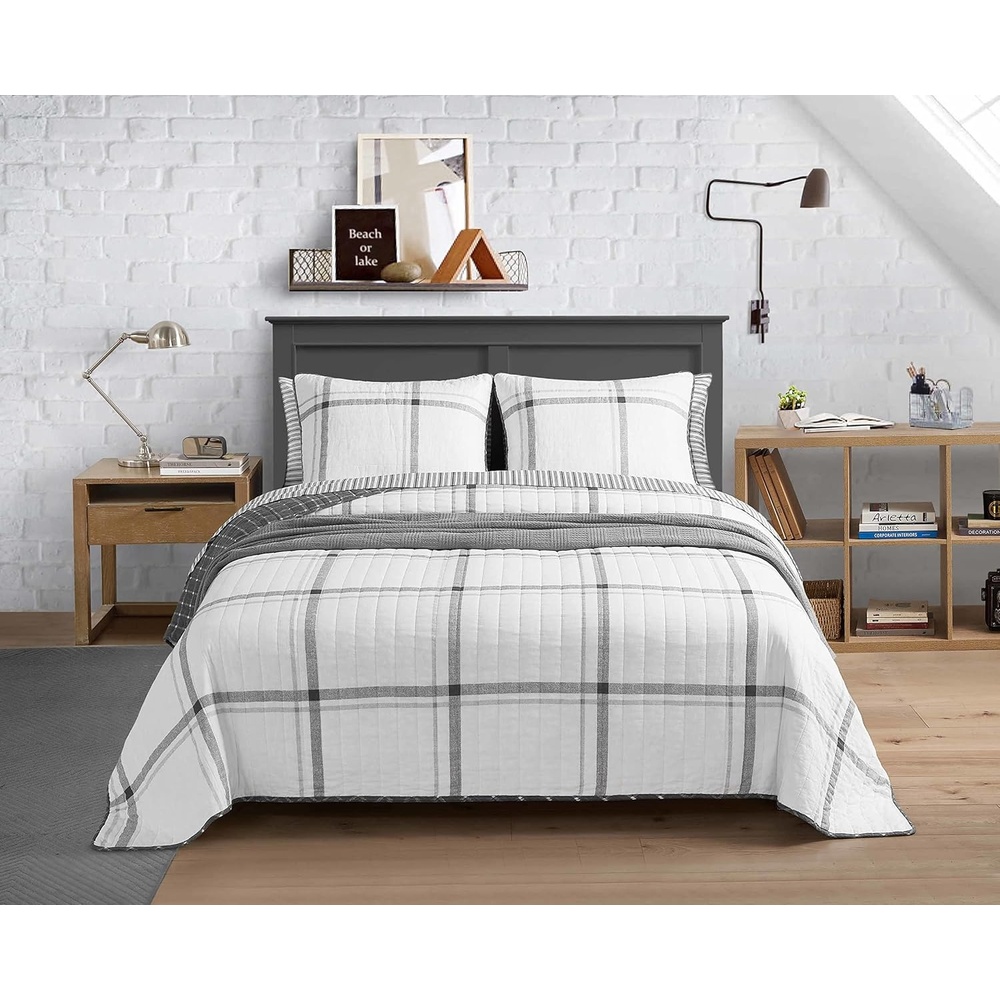 image:imageNautica Twin Quilt Set All Season Cotton Bedding with Matching Sham Dorm Room Essentials Fleetville GreyWhite TwinTwin