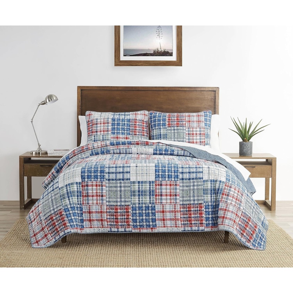 image:imageNautica  Twin Quilt Set Reversible Bedding with Matching Sham Patchwork Plaid Room Decor Lightweight Bed Set College Dorm Room Essentials Raeford BlueRaeford BlueRedGreen
