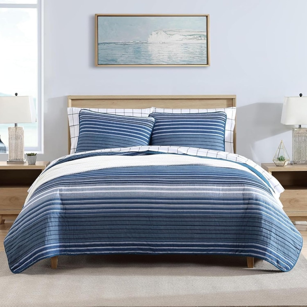 image:imageNautica  Twin Quilt Set Reversible Bedding with Matching Sham Stripe Room Decor Lightweight Bed Set College Dorm Room Essentials Coveside BlueDark BlueMedium Blue