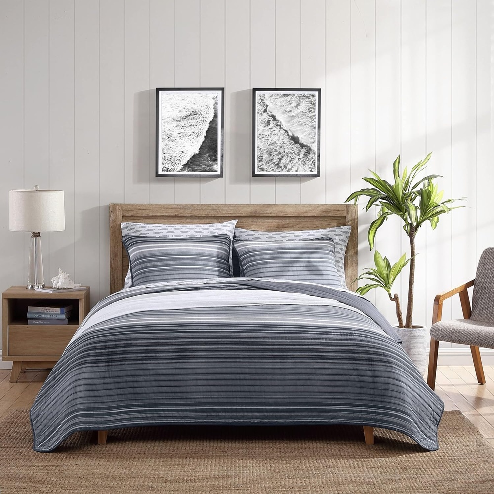 image:imageNautica  Twin Quilt Set Reversible Bedding with Matching Sham Stripe Room Decor Lightweight Bed Set College Dorm Room Essentials Coveside BlueMedium GreyDark GreyWhite