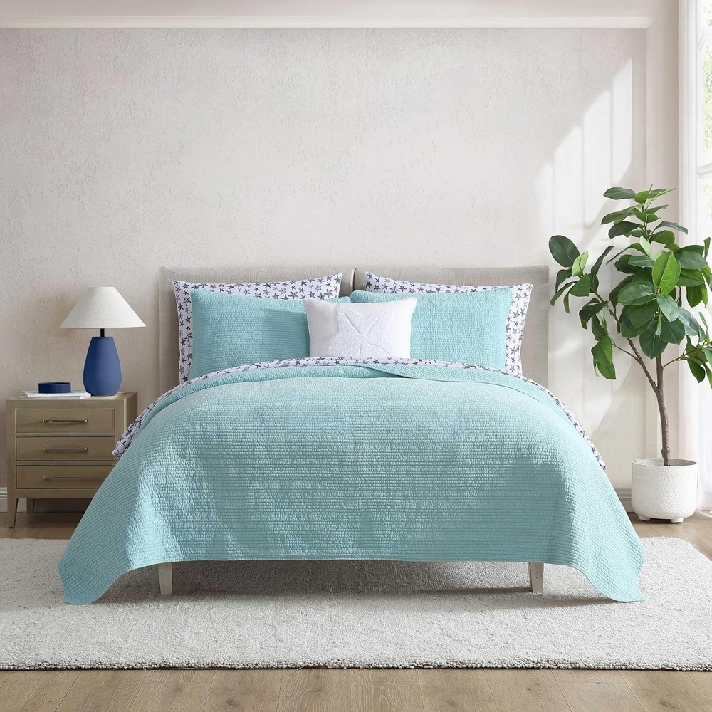 image:imageNautica  Twin Quilt Set Soft amp Reversible Cotton Bedding with a Smooth Finish 2 Piece Coastal Bed Set with Matching Pillowcase Seashore Stitch PinkSeahorse Stitch Green