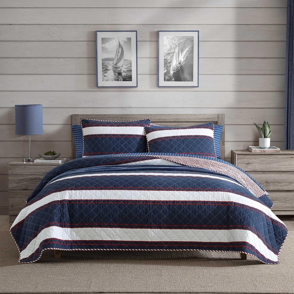 image:imageNautica  Twin Quilt Set Super Soft Reversible Bedding with Matching Sham Striped Home Decor Wesley Navy TwinWesley Navy