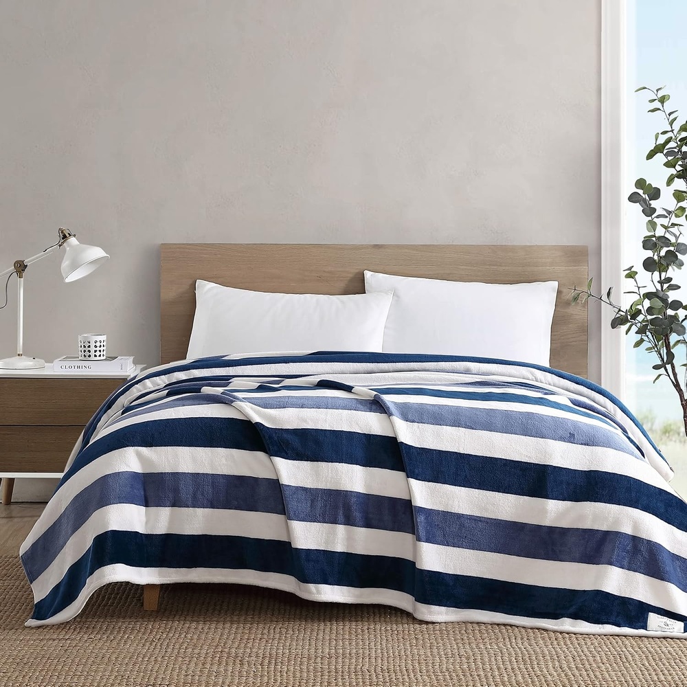 image:imageNautica Twin Size Blanket UltraSoft Plush Blanket Medium Weight Cozy Bedding Americana Decor with Lobster Stripe DesignAwning Stripe Blue