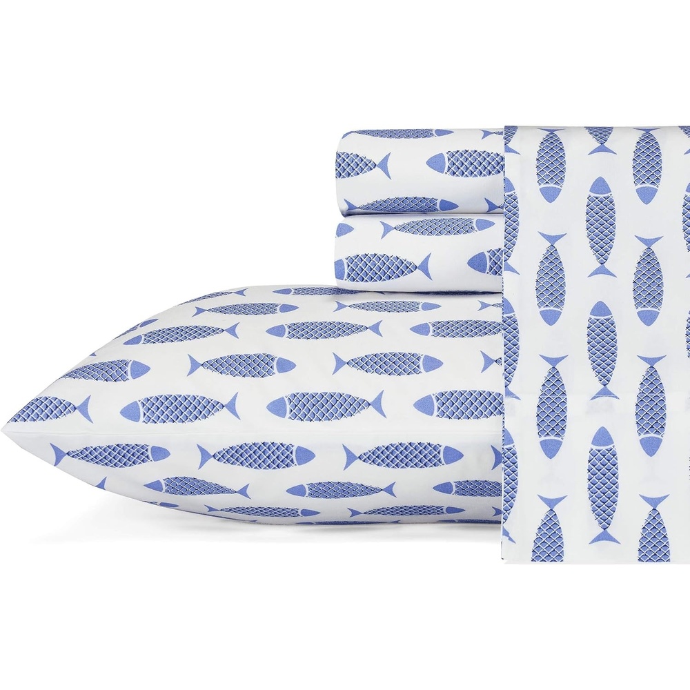 image:imageNautica Twin Size Sheet Set Crisp Cotton Percale Bedding with Matching Pillowcase Lightweight amp Breathable Bed Sheets Deep Pocket College Dorm Room Essentials Star Spangled BlueWoodblock Fish Blue