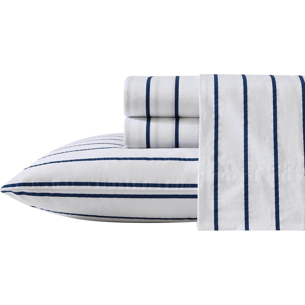 image:imageNautica Twin XL Size Sheets Set Crisp amp Tailored Floral Bedding with a Smooth Cotton Percale Bed Sheets with Matching Pillowcase amp Fitted Sheet Breezy Bloom BlueBrenton Stripe Navy Blue