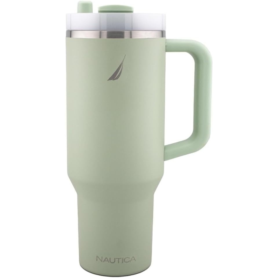 image:imageNautica 40 oz Large Insulated Tumbler with Handle amp Straw with screw on cap Reusable Water Bottle Stainless Steel Travel Mug for Hot Cold or Iced Drink BPAFree Fits Car Cup Holders Light BlueSage