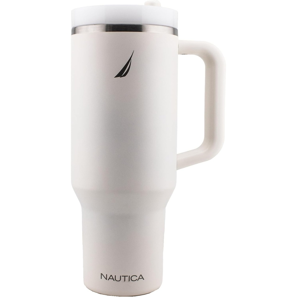 image:imageNautica 40 oz Large Insulated Tumbler with Handle amp Straw with screw on cap Reusable Water Bottle Stainless Steel Travel Mug for Hot Cold or Iced Drink BPAFree Fits Car Cup Holders Light BlueCream