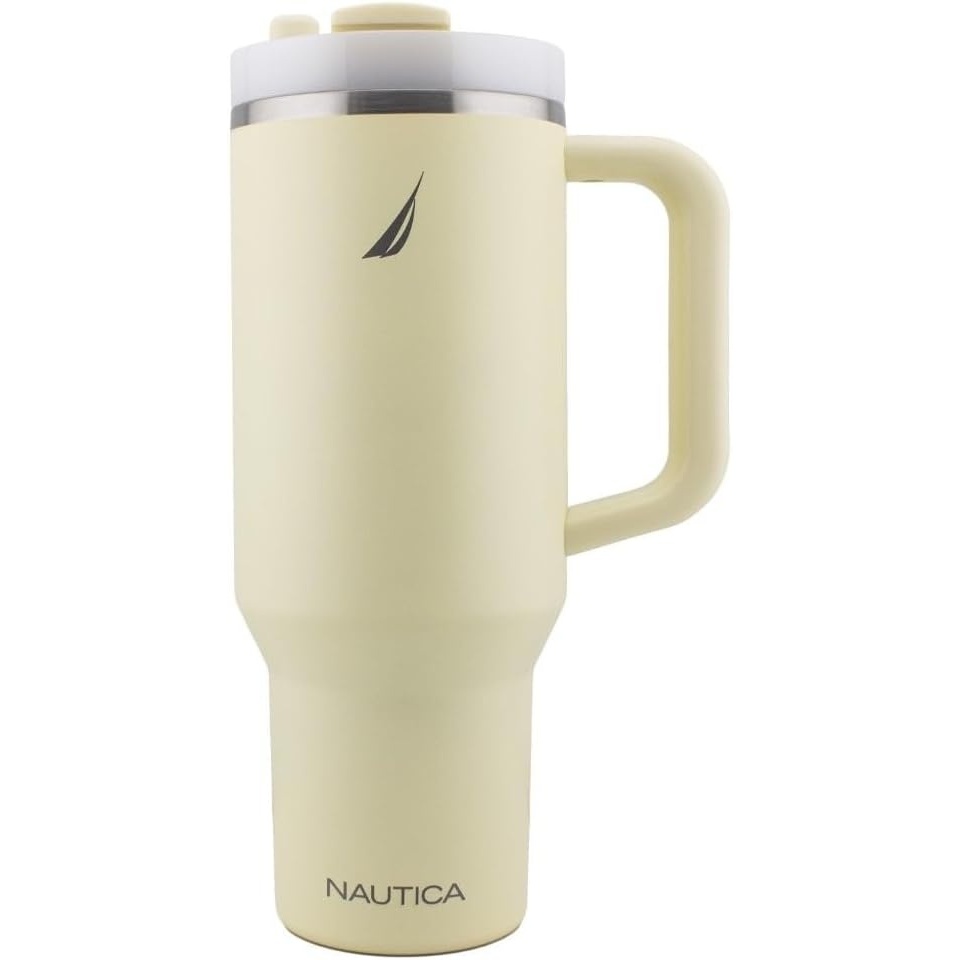 image:imageNautica 40 oz Large Insulated Tumbler with Handle amp Straw with screw on cap Reusable Water Bottle Stainless Steel Travel Mug for Hot Cold or Iced Drink BPAFree Fits Car Cup Holders Light BlueLight Yellow