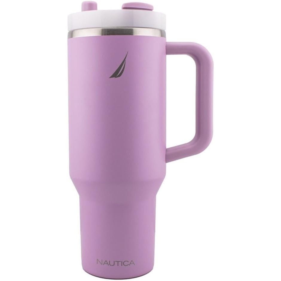 image:imageNautica 40 oz Large Insulated Tumbler with Handle amp Straw with screw on cap Reusable Water Bottle Stainless Steel Travel Mug for Hot Cold or Iced Drink BPAFree Fits Car Cup Holders Light BlueViolet