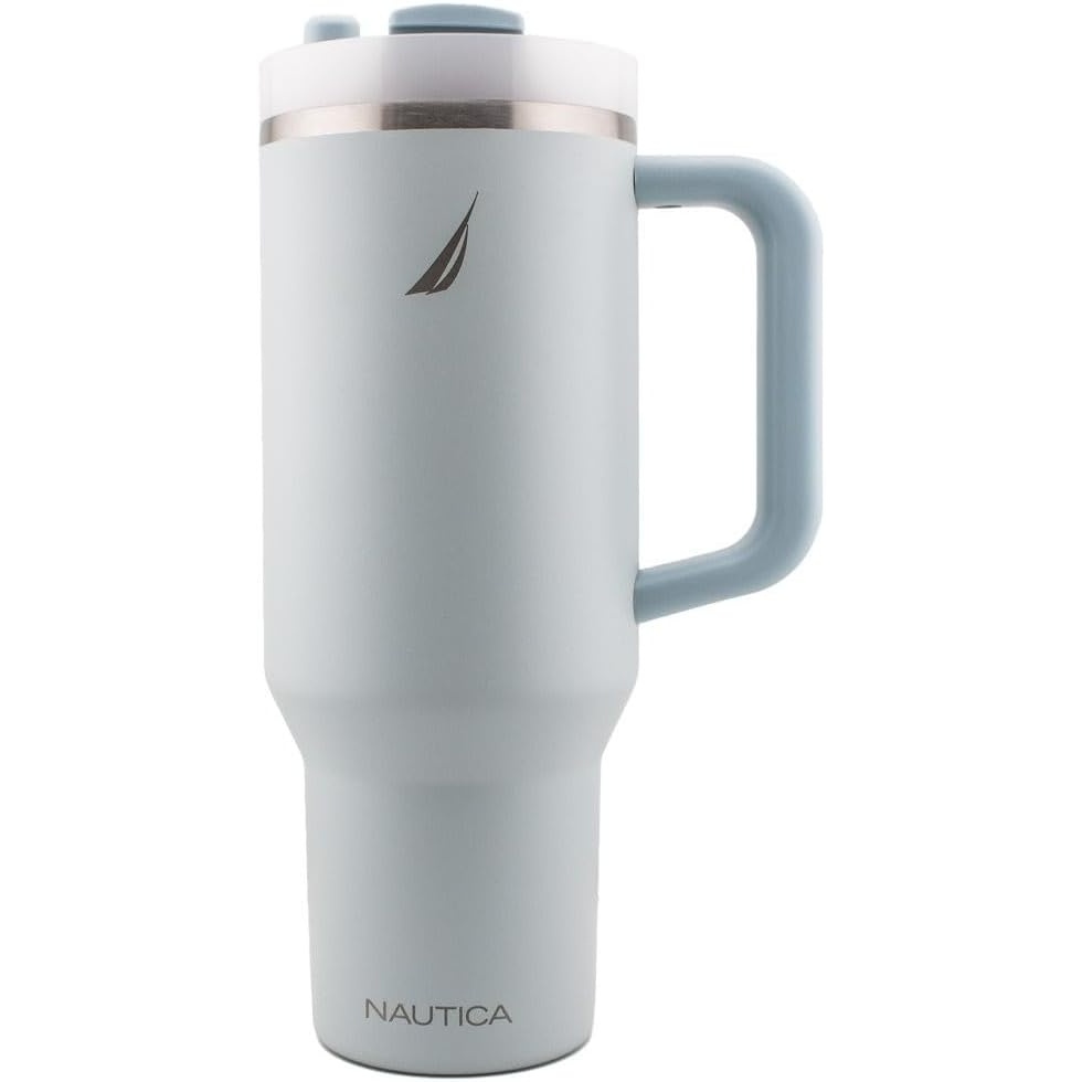 image:imageNautica 40 oz Large Insulated Tumbler with Handle amp Straw with screw on cap Reusable Water Bottle Stainless Steel Travel Mug for Hot Cold or Iced Drink BPAFree Fits Car Cup Holders Light BlueLight Blue